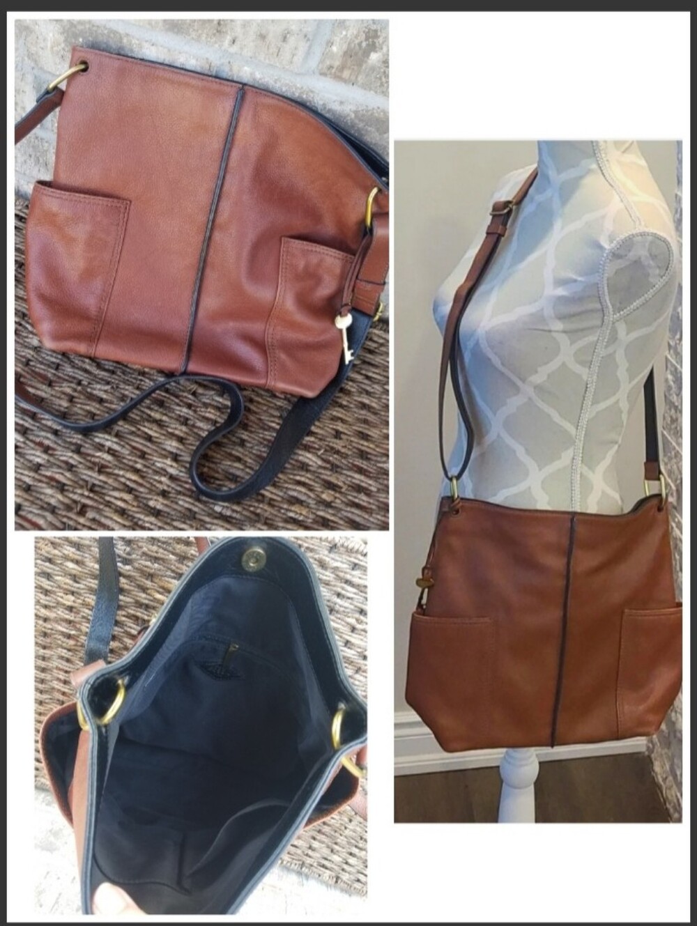 Vtg Fossil BROWN Handbag (14x12x4) Leather Satchel Saddle Bucket Purse
